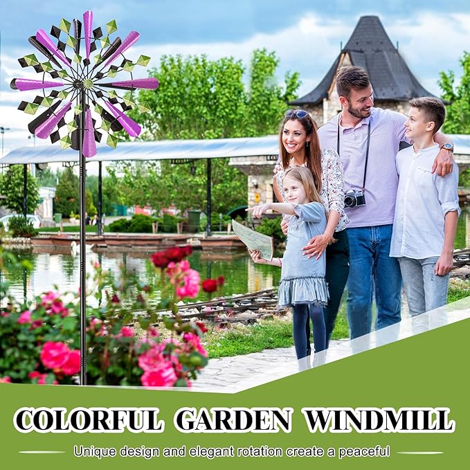 Large Wind Spinners Outdoor, 23.6" W x 79.4" H Metal Yard Wind Sculptures, 360 Degrees Kinetic Spinner Windmills Garden Art Decor Pinwheels for Outside Patio Lawn (Purple+Green)