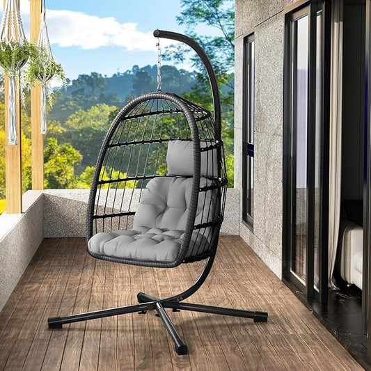 LEVELEVE Egg Chair with Stand,Patio Rattan Wicker Hanging Swing Egg Chair Hammock Chair for Bedroom Porch Garden,Thickened Aluminum Alloy Steel Frame and UV Resistant Cushion,350LBS Capacity