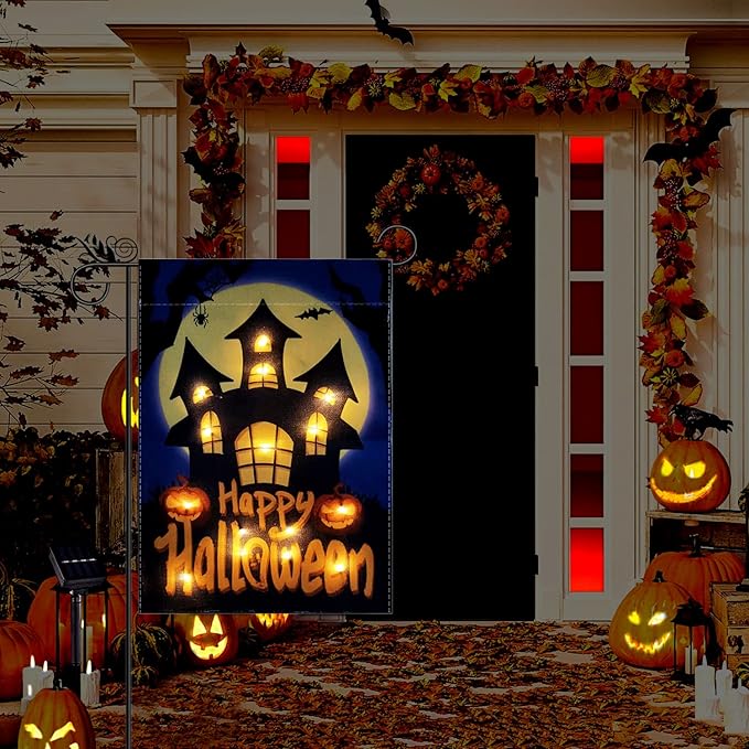 Happy Halloween Garden Flag LED Lighted Vertical Double Sided Garden Flag Halloween Castle Holiday Farmhouse Outdoor Yard Lawn Decoration 12.5 x 18 Inch