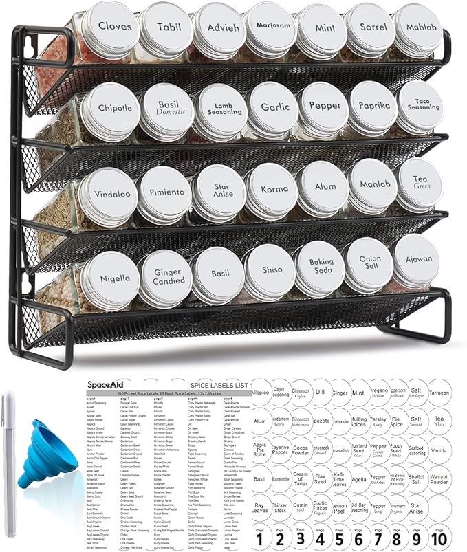 SpaceAid Spice Rack Organizer with 28 Spice Jars, 386 Spice Labels, Chalk Marker and Funnel Set for Cabinet, Countertop, Pantry, Cupboard or Door & Wall Mount - 28 Jars, 13.4" W × 10.8" H, White