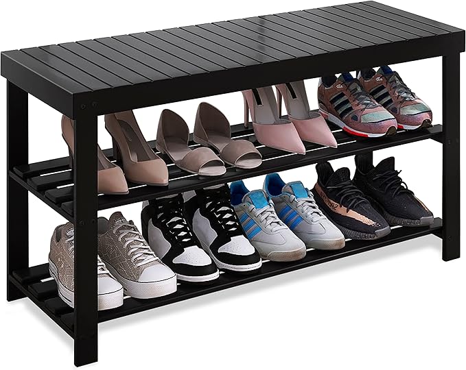 SMIBUY Bamboo Shoe Rack Bench, 3-Tier Shoe Organizer Storage Shelf for Entryway Hallway Bathroom Living Room (Black)