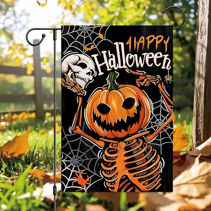 Happy Halloween Garden Flag 12X18 Inch Double Side, Skull Pumpkin Lantern Yard flag,Outside Small Garden Flag Decorative, Outdoor Outside Flag for Holiday Patio Courtyard Lawn