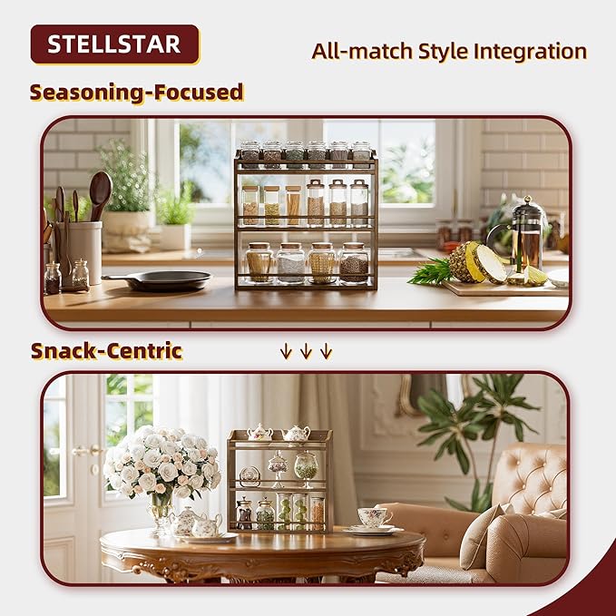 Spice Rack for Countertop, Bamboo Seasoning Jars Organizer Rack Shelf Wall Mounted, 15.83" W x 4.96" D x 15.75" H (Walnut)