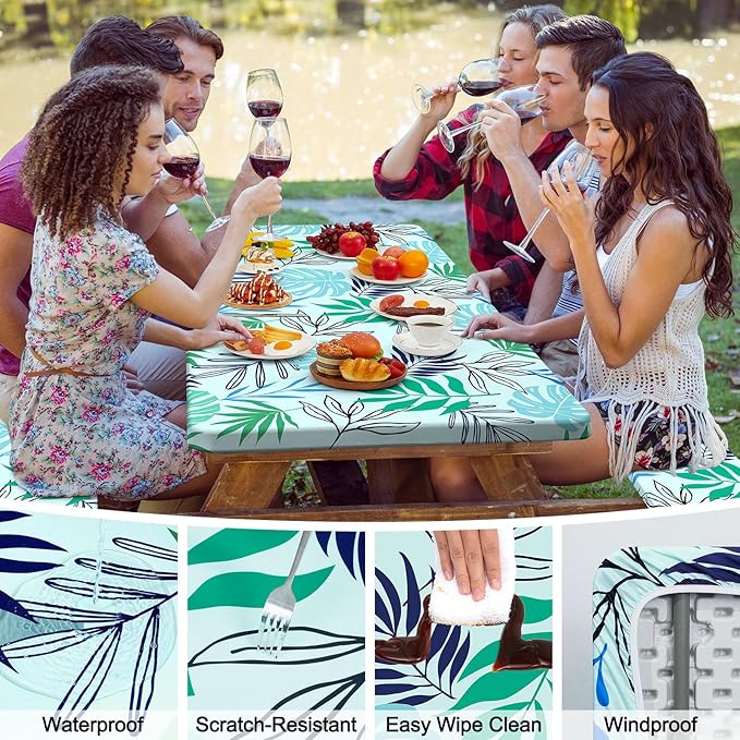 Picnic Table Cover with Bench Covers Camping Tablecloth with Storage Bag Windproof Waterproof Picnic Table Covers with Elastic for Camping