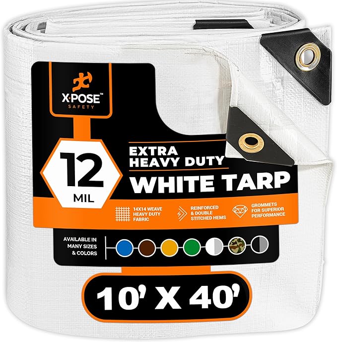 Heavy Duty White Poly Tarp 10' X 40' - Multipurpose Protective Cover - Durable, Waterproof, Weather Proof, Rip and Tear Resistant - Extra Thick 12 Mil Polyethylene - by Xpose Safety
