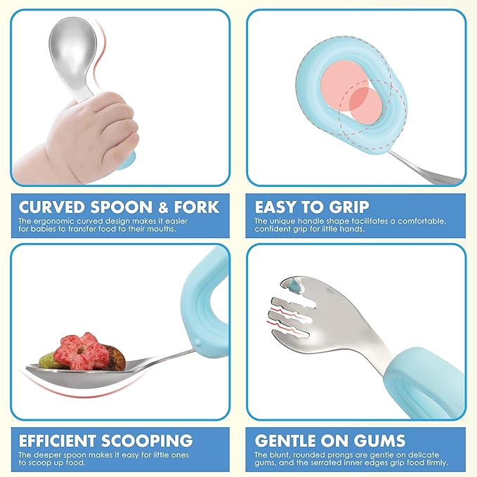 MR. CHOU Suction Baby Bowl Set with Spoon & Fork, Double-Wall 18/8 Stainless Steel Toddler Bowls with BPA Free Airtight Lids, Food Grade Infant Self-Feeding Bowl, First Stage Led Weaning Supplies Blue