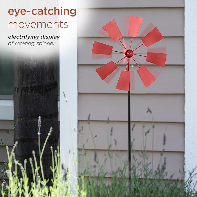 Alpine Corporation 52" Tall Outdoor Metal Windmill Spinner Stake Yard Decoration, Red