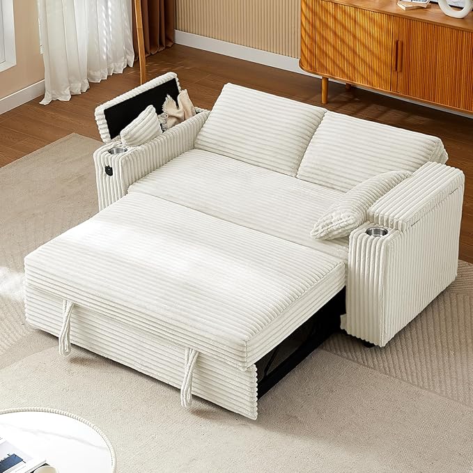 68.11" Corduroy Sleeper Chair Bed with USB Port, Cup Holders & Side Storage Pockets – 3-in-1 Foldable Sofa Bed for Guest Room, Living Room (ZY-1110-White)
