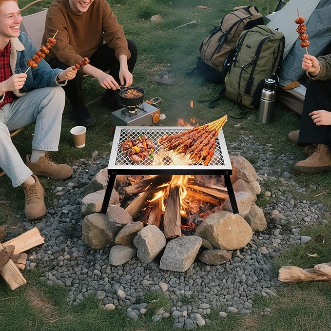 Folding Campfire Grill, 16" x 12" Heavy Duty Steel Mesh Grate Chrome Finish with Folding Legs, Portable Campfire Cooking Equipment, for Camping Outdoor BBQ Cooking Open Fire, Silver