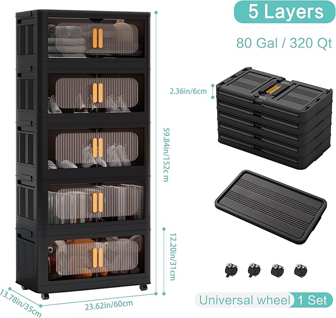 Holaki 320 QT Collapsible Closet Organizers with Lid, Stackable Plastic Storage Bins Cabinet with Wheels and Magnetic Door 5 Pack(Black Larger)