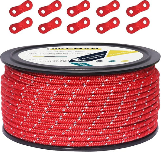 HIKEMAN 50m Reflective Guyline Solid Braid Nylon Camping Rope with Aluminum Adjuster Cord Tensioner Tent Accessory for Outdoor Travel,Hiking,Backpacking and Water Activities (Red, 5mm)