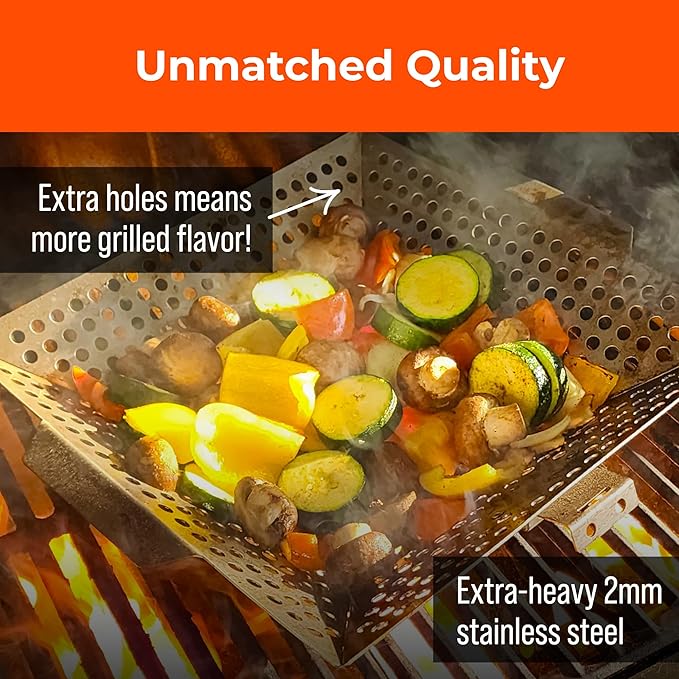 Heavy-Duty Stainless Steel Grill Basket – 12" x 13.75" Grilling Basket with Removable Handle – Large BBQ Basket for Vegetables, Fish & Meat