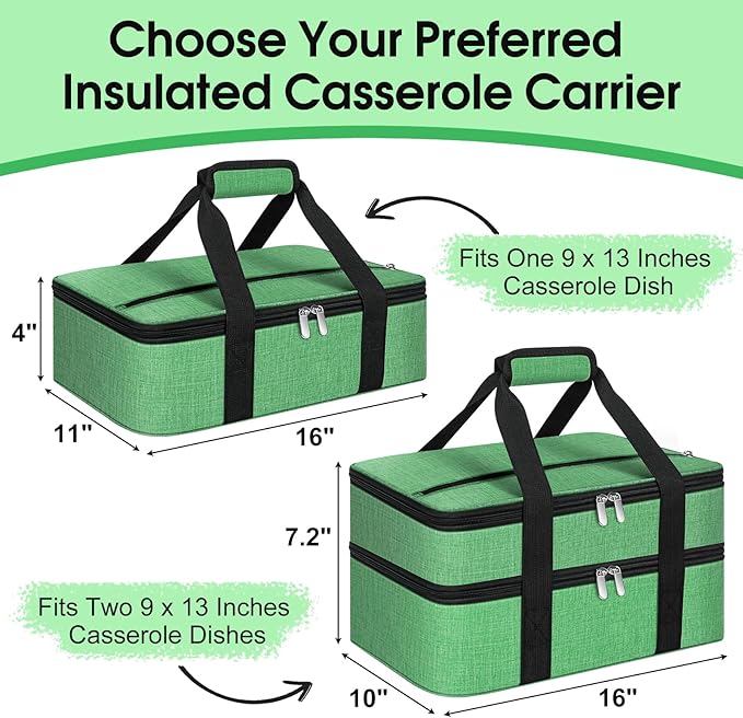 Insulated Casserole Carrier, Portable Casserole Carrier for Hot or Cold Food Lunch Tote Warmer or Cooler Bag, Lasagna Lunch Bag for Potluck Parties- Fits 9" x 13" Baking Dish-Green