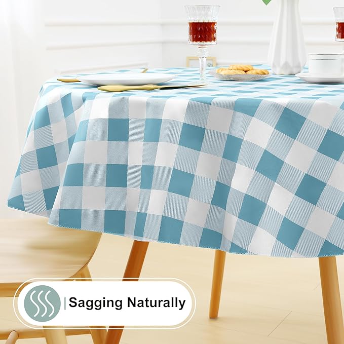 misaya Round Waterproof Vinyl Table Cloth, Buffalo Flannel Backed Tablecloth, Wipeable Plastic Table Cover for Dinner, Kitchen, Picnic (60", Aquamarine and White)