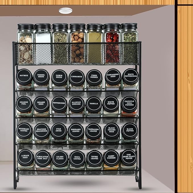Spice Rack Organizer with 28 Spice Jars, Black Lids，Spice Labels, Chalk pen and Funnel Set for Cabinet, Countertop, Pantry, Cupboard or Wall Mount