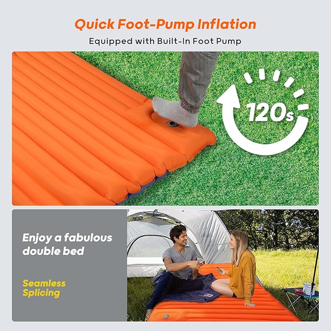 4 Inch Thick Double Sleeping Pad for Camping, with Foot Pump and Pillow, Lightweight Camping Mattress 2 Person for Outdoors, Backpacking, Hiking