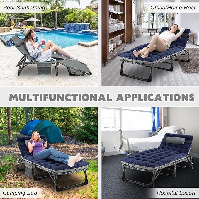 ABORON Folding Camping Cot W/Mat for Adults, Adjustable Heavy Duty Outdoor Bed,1200 D Layer Oxford Travel Camp Cots