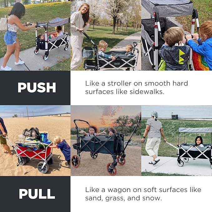 Creative Outdoor Wagon for Kids Push Pull Collapsible Stroller with Canopy Folding Cart | Titanium Series Plus | Beach, Park, Garden (Black & Grey)