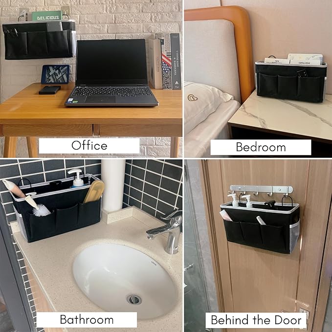 2pcs 3-pockets Large Wall Hanging Organizer Bag, Linen Fabric Door Hanging Storage Baskets with Pockets, Waterproof Bin for Kitchen, Bedroom, Office, RV Camper (Black-2pcs)