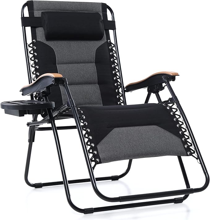 PHI VILLA XXL Oversized Padded Zero Gravity Chair, Foldable Patio Recliner, 30" Wide Seat Anti Gravity Lounger with Cup Holder, Support 400 LBS (Black)