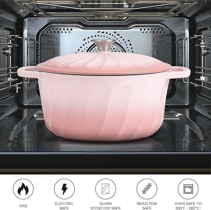 Enameled Cast Iron Dutch Oven with Lid, 6 QT Dutch Oven Pot for Bread Baking, Heavy Duty Cast Iron Pot for Braising, Cook, Bake, Refrigerate Safe across All Cooktops (Gradient Pink,6 QT)