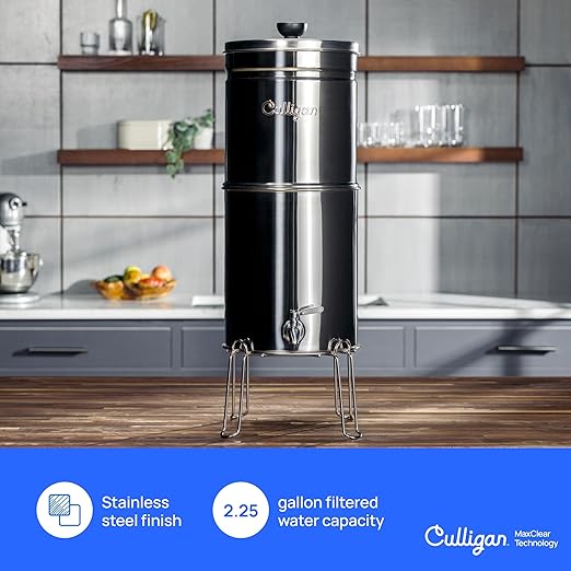 Culligan with MaxClear Technology 2.25 Gallon Gravity Water Filter System, Brushed Countertop Ceramic Water Filter NSF/ANSI Certified to Reduce Lead, Microplastics & Total PFAS, with 4 Filters