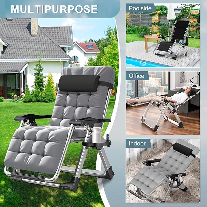 ABORON Zero Gravity Chair,Premium Outdoor Lawn Folding Lounge Chairs,Sturdy Adjustable Reclining Patio Chairs with Removable Cushion,Headrest & Tray
