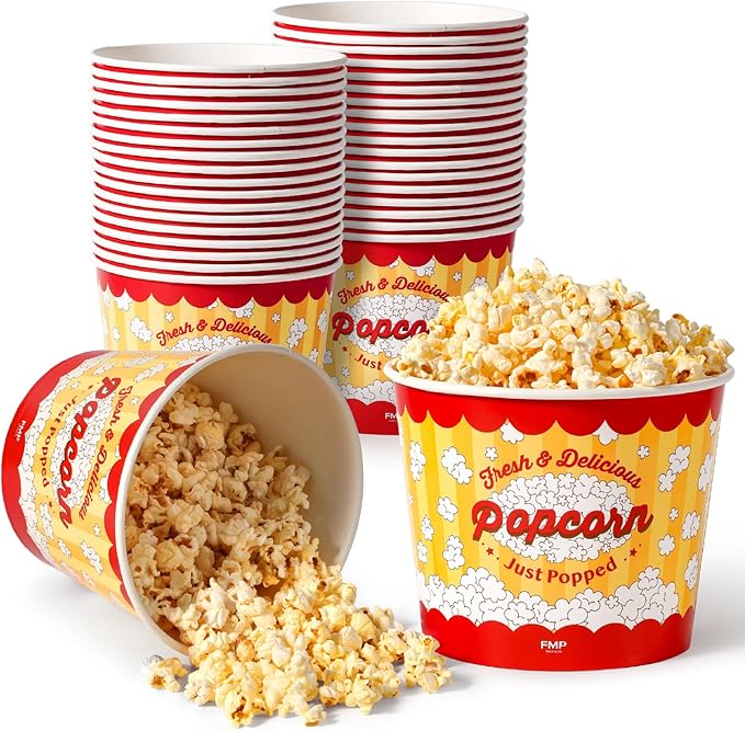 Fit Meal Prep 25 Pack Classic Paper Popcorn Buckets Disposable, 85 Oz Grease Resistant Popcorn Bowls Cups for Machine Home Theater Carnival Movie Night