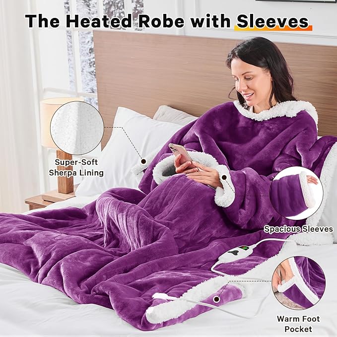 greenoak Wearable Heated Throw Blanket Electric Snuggle - Heated Robe with Foot Pocket for Adult, Winter Gifts for Mom Women 5-Position Timer 10-Heating Levels,50 * 70",Purple