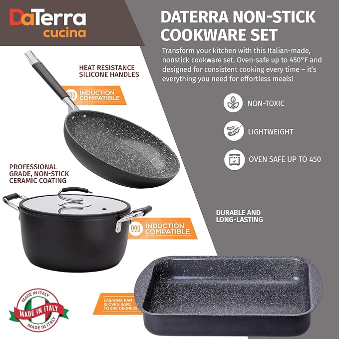 DaTerra Cucina Bundle - Nonstick Ceramic Cookware Set - 16.1" Roasting Pan, 11" Frying Pan with Lid, 8Qt Dutch Oven, Heat Resistant, Ceramic Cookware - Perfect for Everyday Cooking, Volcanic Black