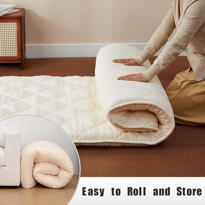 Japanese Floor Futon Mattress, Tatami Mat Sleeping Pad, Shikibuton, Mattresses Topper, Boys Girls Roll Up Dormitory Mattress, Foldable & Portable Floor Lounger Bed, Guest Bed (Cream, Queen)