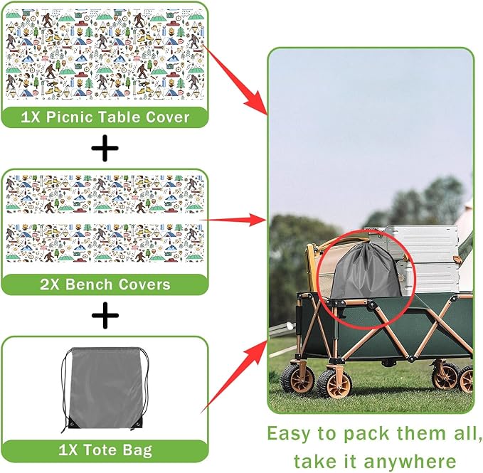 JAWO Picnic Table Covers with Bench Covers Camping Big Foot Adventure Tablecloth 8FT for 8 Person Fitted Picnic Table Cover with Elastic Windproof Waterproof Fabric, Camp Accessories Patio & Outdoor