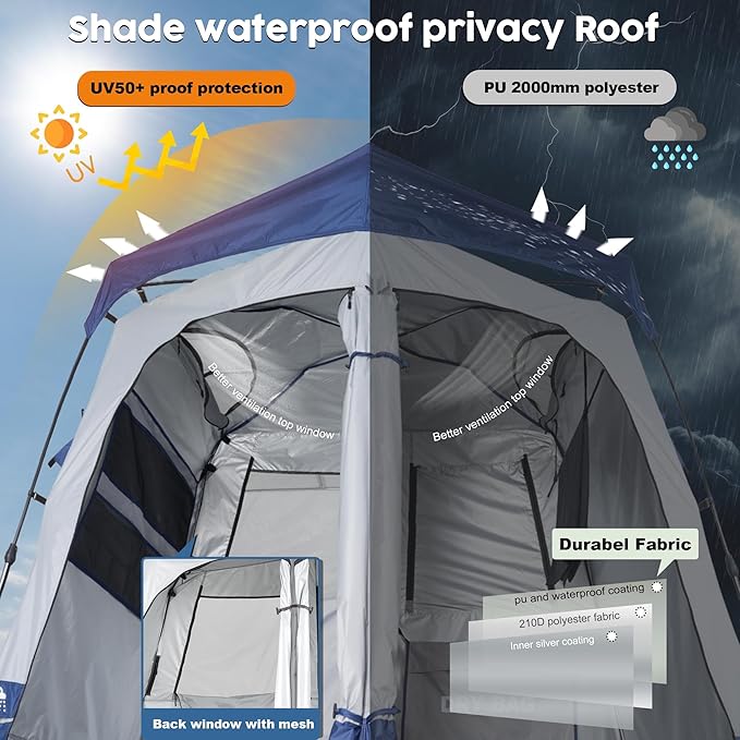 Camping Shower Tent Deluxe Changing Room Easy Set Up Privacy Shelter,Large Toilet Tent with Floor Drain Design for Beach, Camping,Hiking with Stakes and Ropes for Stability