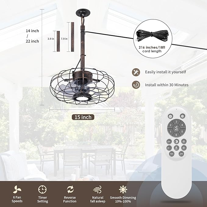 Outdoor Ceiling Fans with Light for Patios Gazebo, 15" Weatherproof Plug in Ceiling Fan, Gazebo Fan Remote, 3CCT Dimmable,Caged Ceiling Fan with Hanging Hook for Porch, Pergola,Canopy, Classical Black