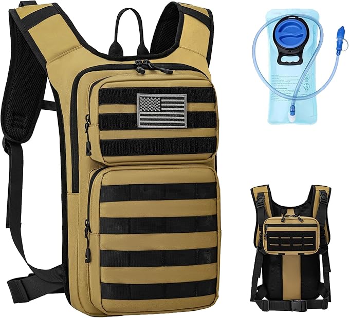 Tactical Hydration Backpack with 2L Water Bladder and Front Small Tactical Pouch, Outdoor Water Backpack for Men Women, Sports Hydration Pack for Hiking, Cycling, Climbing