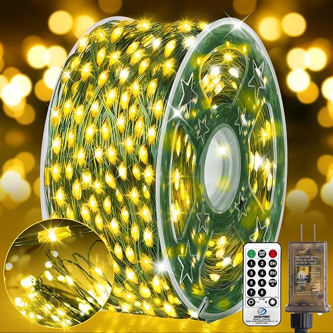 KNONEW 203FT Outdoor Christmas Fairy Lights Plug in,600 LED String Lights Outdoor Waterproof 8 Modes Memory Times for Wedding Bedroom Walls Garden Trees Decoration(Warm White)