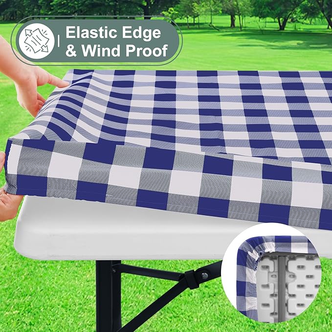 misaya Buffalo Rectangle Picnic Tablecloth, 8 Foot Elastic Fitted Vinyl Table Cloth with Flannel Backing, Waterproof Plaid Table Covers for Dining, Camping, Outdoor (Navy and White, 30" x 96")