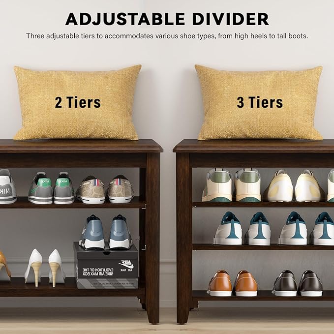 Shoe Bench Storage Rubberwood, Entryway Bench with 3-Tiers Height Adjustable, Shoe Rack Front Door Entrance Organizer for Hallway Living Room, Mudrooms, Walnut,23.6"