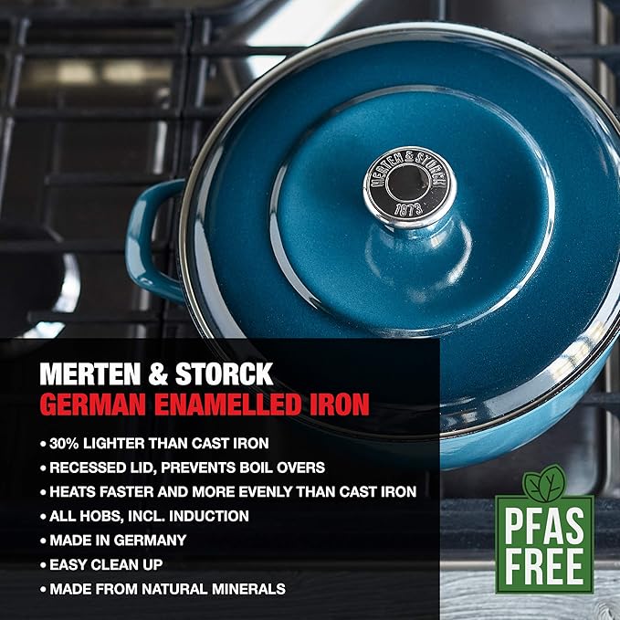 Merten & Storck 5.3QT Round Dutch Oven Casserole Pot with Lid, European Crafted Enameled Iron Stockpot, Induction & All Cooktops, Braising, Stews, Roasting, Slow Cooking, Sourdough, Aegean Teal