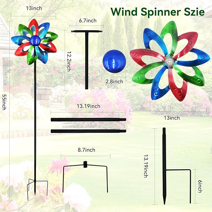 Garden Wind Spinners, Dual-Sided Colorful Metal Windmill 13" Dia*55" Height Wind Sculptures & Spinners, Vibrant Outdoor Kinetic Art for Yard, Garden, Driveway Decor