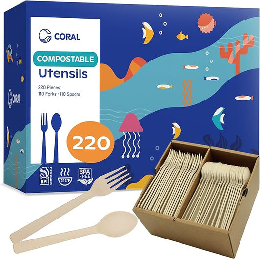 CORAL Light Brown 100% Compostable Spoons & Forks Set - 220 Pieces - No Plastic Utensil 110 Forks, 110 Soup Spoons - Break Resistant with Smooth Edges, Ocean Friendly Alternative to Plastic Silverware