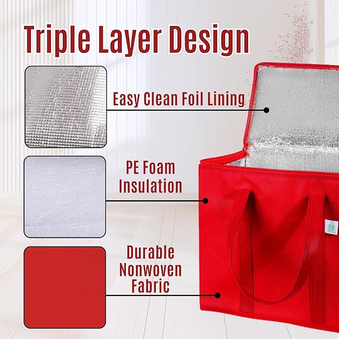 VENO 2 Pack Cooler Bag and Insulated Grocery Bags for Food Delivery, Collapsible Cooler, Reusable Shopping Bags for Groceries with Zipper, Foldable, Heavy-Duty, Stands Upright (Red, 2 Pack)