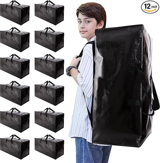 Heavy Duty Moving Bags with Backpack Straps and Strong Handles, Alternative to Moving Boxes and Storage Totes for Dorm Room Essentials, 12 Pack, Black
