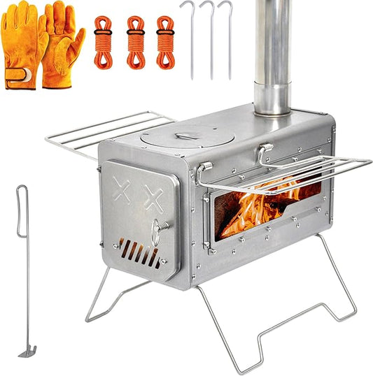 Outdoor Wood Burning Stove, Portable Camp Stove Tent Stove with Chimney Pipe for Cooking, Camping, Tent, Hiking, Fishing, Backpacking