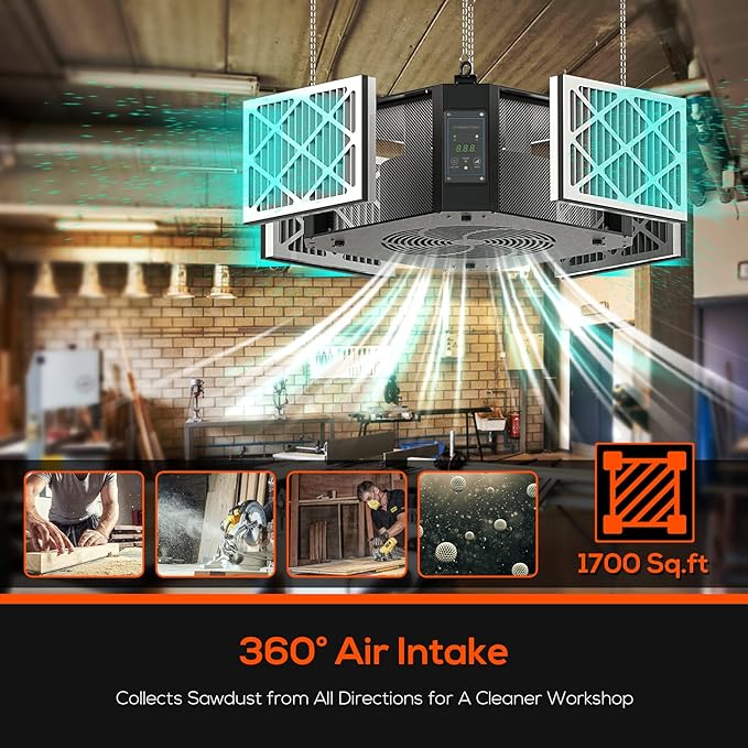 ABESTORM 360 Degree Intake Air Filtration System Woodworking 1350 CFM Hanging Air Filter with Strong Vortex Fan for Wood Workshop, Garage, Shop Dust Collectors, Up to 1700 sq. ft, DecDust 1350
