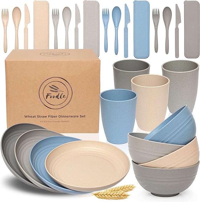 FOODLE Wheat Straw Dinnerware Set - BPA Free & Safety Tested - Microwave & Dishwasher Safe - Perfect for Picnic, Dorm, RV Dishes - Camping Plates Cups and Bowls Set - Great for Kids & Adults - For 4