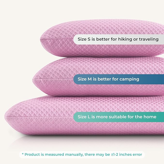 Travel Pillow Memory Foam Pillows, Camping Pillow-Compressible Medium Firm, Breathable Cover, Ideal Backpacking Hiking, Bed Pillows, Airplane and Car (Apricot Powder, M)