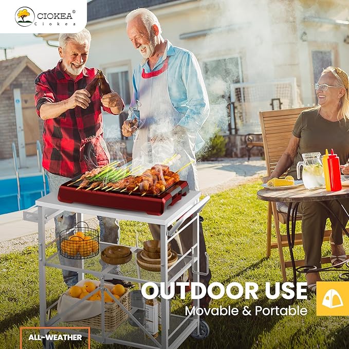 Folding Grill Cart, Metal Pizza Oven Stand Table with 2 Total Lock Casters,3 Shelf Foldable Kitchen Island Cart,Stainless Steel Outdoor Rolling Cart with Wheels for Home Party, Bar, Camping（White）