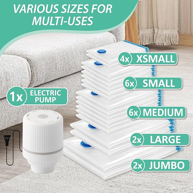 Cozy Essential 20 Pack Vacuum Storage Bags with Electric Pump, Vacuum Seal Space Saver Bags for Clothing, Pillows, Blanket, Bedding, Comforters