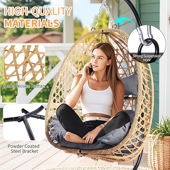 Hanging Egg Chair with Stand, Patio Wicker Swing Chair, Hammock Style with 350LBS Capacity for Bedroom, Balcony, or Garden (Yellow-Grey)